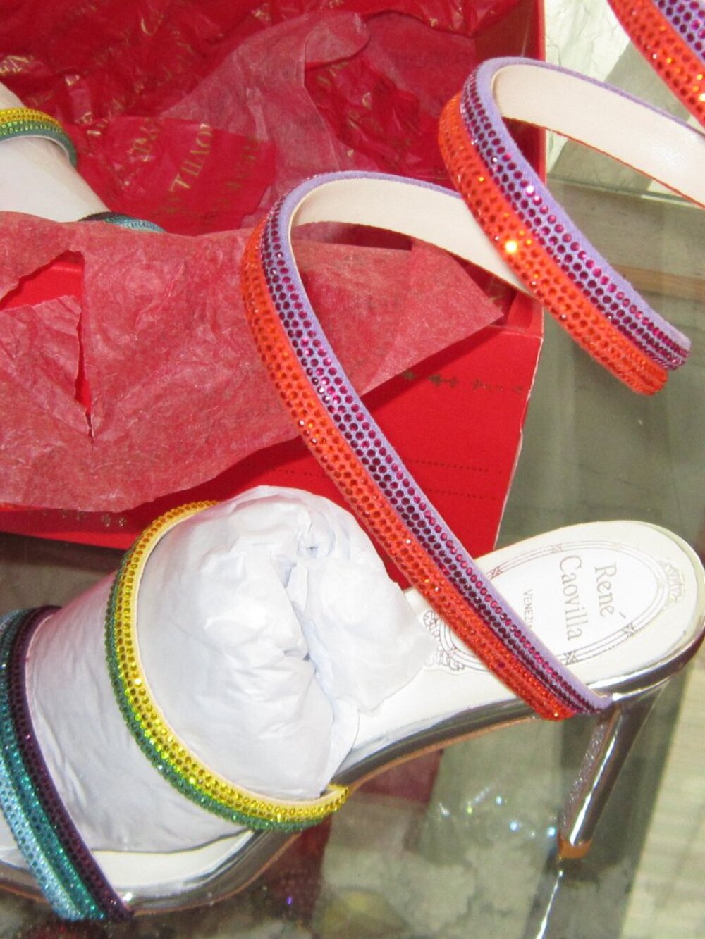 Rene Caovilla Rainbow Crystal Embellished Silver Open Toe Sandal Heels 36 US 6